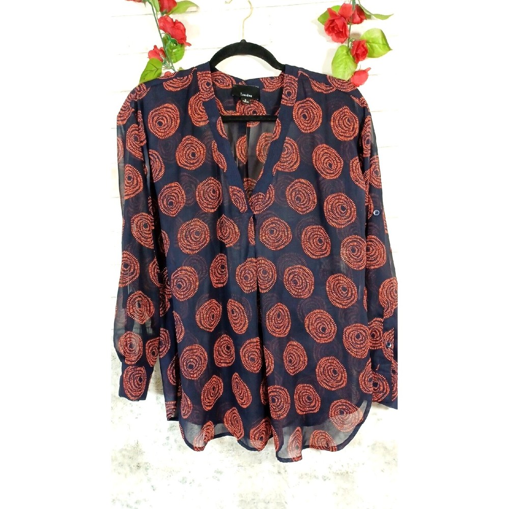Lumiere Boutique blouse size S sheer long sleeve Navy Orange Geometric print